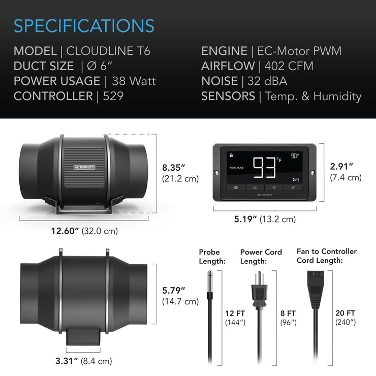 AC Infinity, Cloudline T6, Quiet Inline Duct Fan System with Temperature and Humidity Controller, 6 Inch - 150 MM